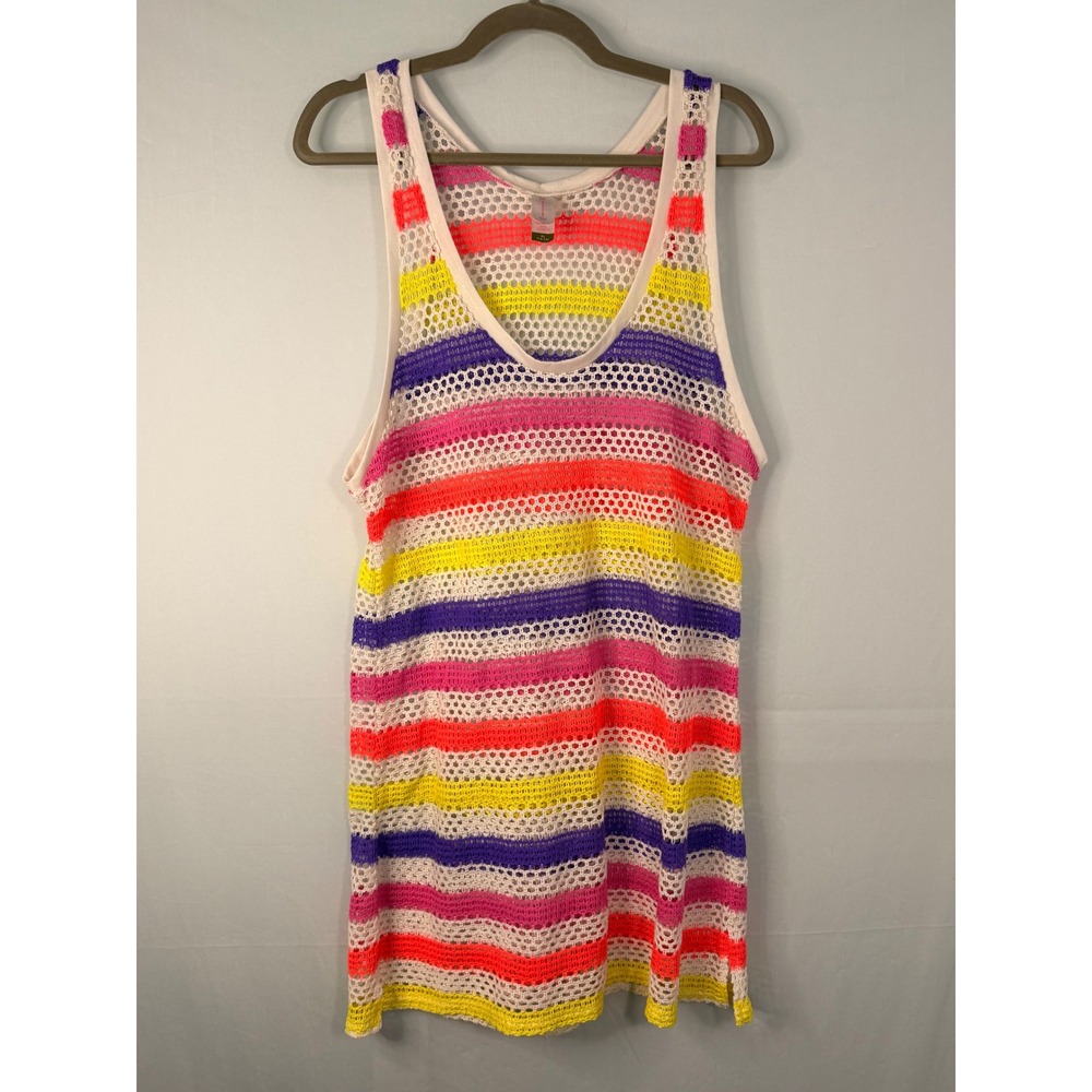 No Boundaries Mesh Tank dress jrs XL Multicolor Neon Striped Crochet Knit Scoop